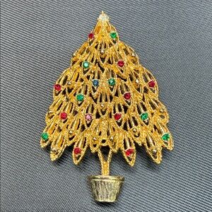 Gold Christmas Tree Brooch with Colorful Gems